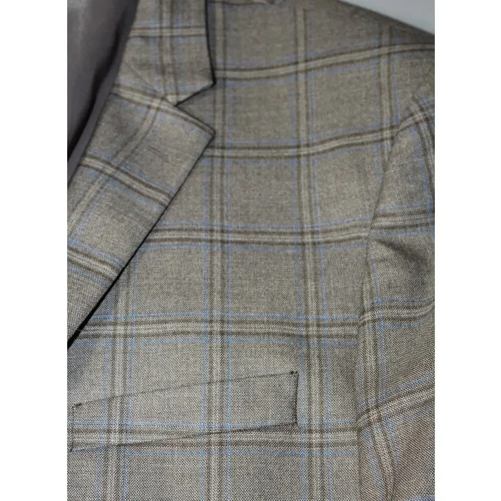 Jos A Banks Traveler Men 48L Blazer Wool Window Pane Gray Blueb Tailored Fit